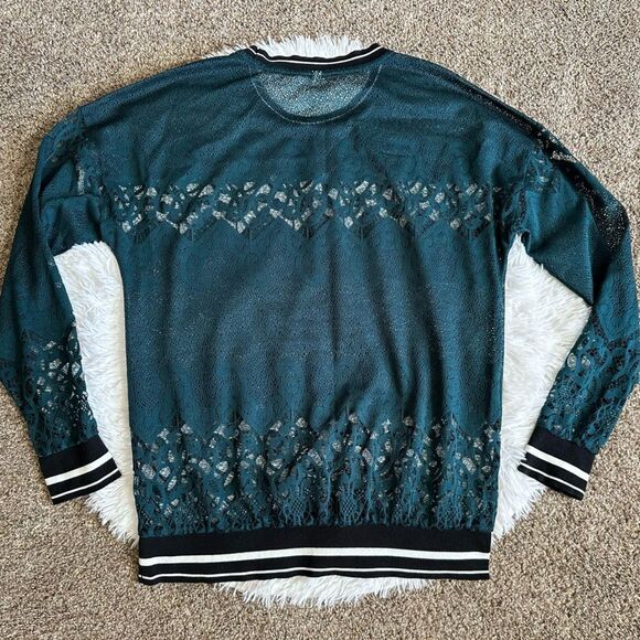 Fabletics Sophie Top Popover Lace Long Sleeve Dark Teal Black Womens Size Large - Picture 2 of 5